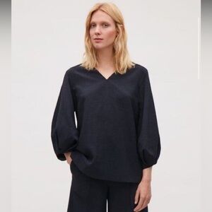 COS Balloon Puff Pleated 3/4 Sleeve V Neck Navy Blue Blouse - Minimalist Office